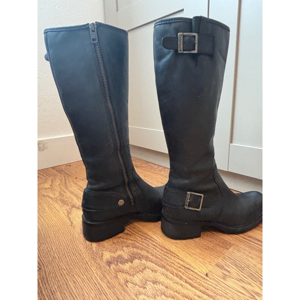 Timberland Black Leather Tall Moto Boots Buckle Side Zip Knee High